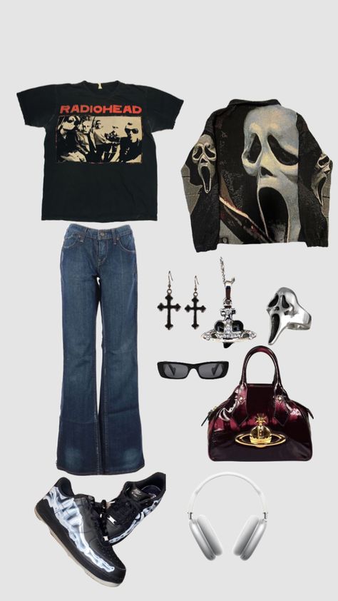 #grunge #radiohead #scream #rockstargf #outfit #outfitinspo Radiohead Inspired Outfits, Radiohead Shirt Outfit, Scream Outfit Ideas, Radiohead Aesthetic Outfits, Scream Inspired Outfits, Radiohead Outfit, Artsy Clothes, Scream Outfits, Thrift Ideas