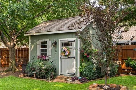 She Shed Exterior, Shed Exterior Ideas, Painted Garden Sheds, Cottage Garden Sheds, Small Shed, Small Garden Shed, Painted Shed, Shed Landscaping, Shed Makeover