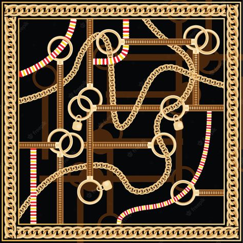 Premium Vector | Pattern with golden chain and belts for fabric design. vector illustration. silk scarf design. Print Scarf Design, Tropical Fabric Prints, Silk Scarf Design, Tropical Fabric, Textile Prints Design, Golden Chain, Fabric Prints, Graphics Illustration, Scarf Design