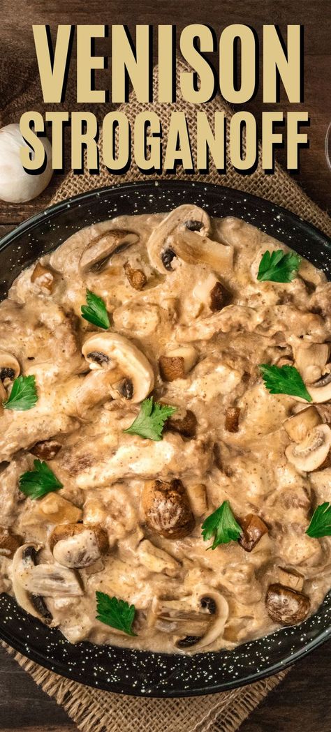 Large pan of venison stroganoff topped with mushrooms and parsley Creamy Wine Sauce, Elk Meat Recipes, Venison Stroganoff, Venison Backstrap Recipes, Backstrap Recipes, Elk Recipes, Deer Recipes, Game Meat, Venison Steak