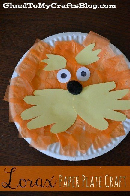 Dr Seuss Ideas | 40 Fun and Fabulous Food and Crafts Crafts To Go With Books, Lorax Crafts, Lorax Craft, Reading Crafts, Dr Seuss Preschool, Dr Seuss Activities, Dr Seuss Crafts, Paper Plate Craft, March Crafts