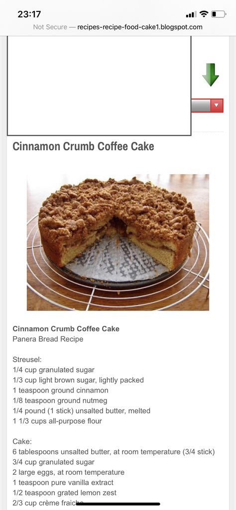 Panera Bread Cinnamon Crumb Coffee Cake, Panera Coffee Cake Recipe, Panera Coffee, Bakery Bread Recipes, Cinnamon Streusel Cake, Cinnamon Crumb Cake, Panera Recipes, Crumb Coffee Cakes, Crumb Cake Recipe