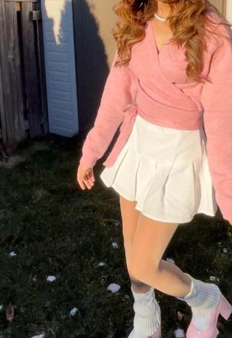 White Skirt Pink Top Outfit, Pink And White Skirt Outfit, Pink Mary Janes Outfit, Pink Skirt Outfit Aesthetic, White Mary Janes Outfit, Ballerina Inspired Outfit, Platform Mary Janes Outfit, Outfits With Mary Janes, Wrap Skirt Outfit