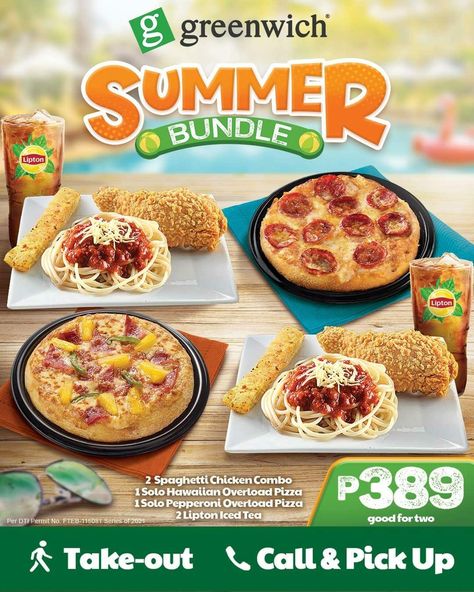 Greenwich Pizza – Summer Bundle for ₱389 Greenwich Pizza, Graphic Design Personal Branding, Spaghetti Chicken, Fast Food Advertising, Poster Sale, Drinks Packaging, Pizza Logo, Drinks Packaging Design, Food Banner