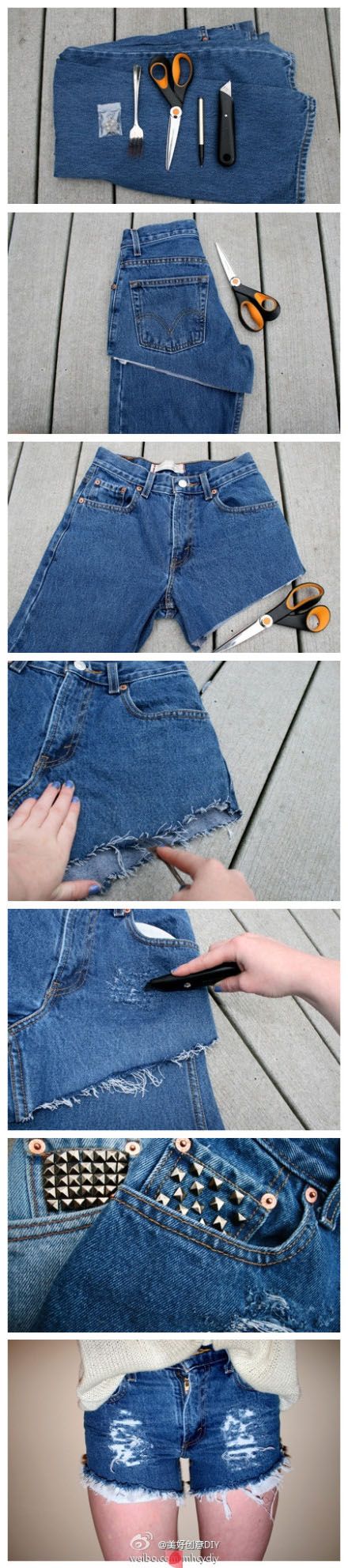 Reaproveitando. ..                                                                                                                                                                                 Mais Jeans To Shorts Diy, Cut Up Jeans, Återvinna Jeans, Boatneck Shirt, Sweatshirt Diy, Diy Jeans, Diy Shorts, Diy Vetement, Shirt Diy