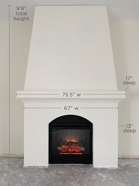 European Style Fireplace, Tapered Fireplace Chimney, Diy Arched Fireplace, Modern French Country Fireplace, Plaster Fireplace With Wood Mantel, Fireplace With Arch, Plaster Fireplace Ideas, White Plaster Fireplace, Tapered Fireplace