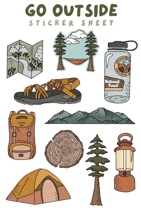 Outdoors Sticker Sheet - Etsy Hiking Stickers Printable, Camping Stickers Free Printable, Camp Merch Ideas, Outdoor Stickers Design, Granola Stickers, Camp Design Ideas, Adventurer Illustration, Sticker Sheet Design, Outdoorsy Stickers