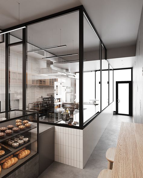 Sansa Bakery :: Behance Open Commercial Kitchen Design, Bakery Interior Design Modern, Aesthetic Bakery Interior, Modern Bakery Design, Cafe Kitchen Design, Bakery Kitchen Design, Pizza Shop Design, Commercial Kitchen Layout, Cafeteria Kitchen