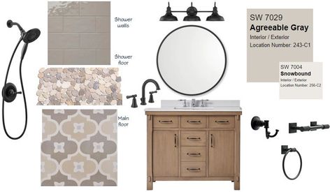 Thank you for considering my bathroom finish and fixture palette! Putting together a cohesive package for your remodel or new construction space can be a challenge, so let me do the work for you! This palette combines neutral finishes with a modern touch of black. All of these products (less the paint) can be purchased at The Home Depot, making it the DIY'er or flipper's dream for easy updating. With purchase, you will receive the full list of products, their suggested use and where to purchase. Agreeable Gray Bathroom, Warm Neutral Bathroom Ideas, Gray And Beige Bathroom, Neutral Bathroom Ideas Earth Tones, Warm Neutral Bathroom, Grey And Beige Bathroom, Modern Neutral Bathroom, White And Cream Bathroom, Greige Bathroom