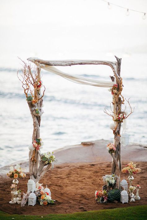 Driftwood Wedding Arches, Beach Wedding Arbors, Wood Wedding Arches, Driftwood Wedding, Beach Wedding Arch, Beach Wedding Decorations Reception, Wedding Arbors, Romantic Beach Wedding, Tropical Beach Wedding