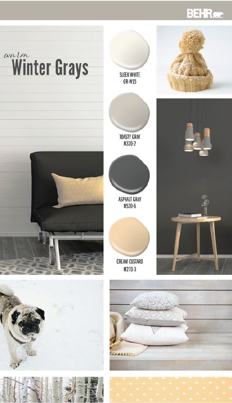 You can add a warm and cozy feel to your home while still staying true to the classic style of a neutral color palette. Just explore this variety of BEHR Paint shades! Modern hues like Sleek White, Toasty Gray, Asphalt Gray, and Cream Custard will pair beautifully with your interior design scheme. Toasty Gray Behr Color Palettes, Asphalt Gray Behr Paint, Behr Asphalt Gray, Toasty Grey Paint Behr, Sleek White Behr Paint, Cream And Grey Color Palette, Toasty Gray Behr Paint, Behr Sleek White, Behr Toasty Gray