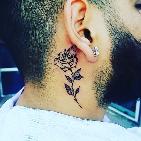 Rose Behind Ear Tattoo Men, Rose Neck Tattoo Men, Behind Ear Tattoo Men, Rose Neck Tattoo, Mens Butterfly Tattoo, Rose Tat, Olive Branch Tattoo, Small Neck Tattoos, Side Neck Tattoo