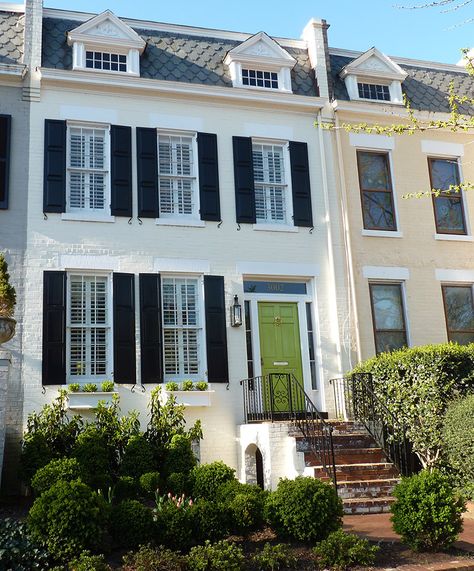 Georgetown Homes, Georgetown Townhouse, Colonial Townhouse, Retirement Village, Colonial House Exteriors, Neoclassical Architecture, Green Door, Town Center, House Exteriors