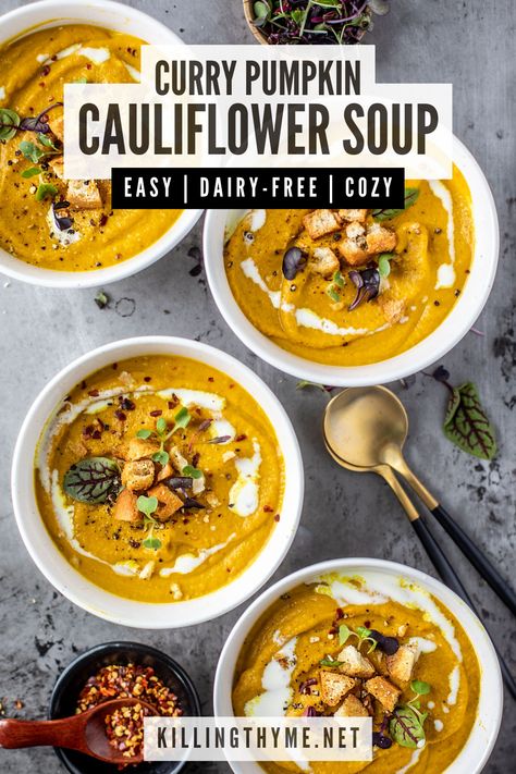 This creamy pumpkin and roasted cauliflower soup will cozy you right up with it's warming aroma and spiced flavors. #soup #cauliflower #pumpkin #seasonal #fall #autumn #curry Roasted Cauliflower Curry Soup, Cauliflower Pumpkin Soup, Pumpkin Cauliflower Curry, Cauliflower Butternut Squash Soup, Pumpkin And Cauliflower Soup, Pumpkin Cauliflower Soup, Healthy Pumpkin Soup Recipe, Cauliflower Recipes Soup, Cauliflower Curry Soup