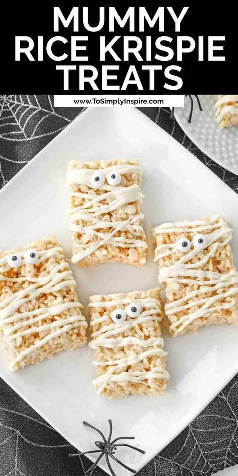 Halloween Rice Krispies, Mummy Treats, Halloween Rice Krispie Treats, Delicious Halloween Treats, Homemade Rice Krispies Treats, Melted White Chocolate, Candy Eyes, Krispie Treats Recipe, Krispy Treats