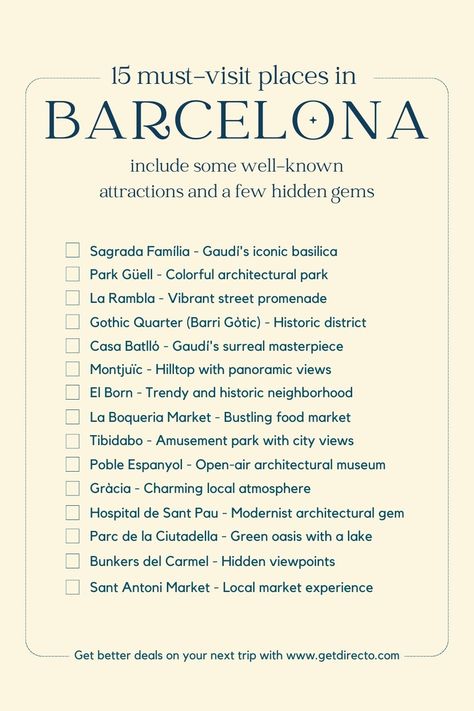 Discover the 15 Iconic Places to Visit in Barcelona. Save for your next trip! Barcelona Travel Checklist, Places To Go In Barcelona, Barcelona Spain Travel Itinerary, Trip To Barcelona Spain, Barcelona To Do List, Barcelona Weekend Trip, Barcelona Trip Things To Do, Barcelona Must Do, Spain Travel Tips