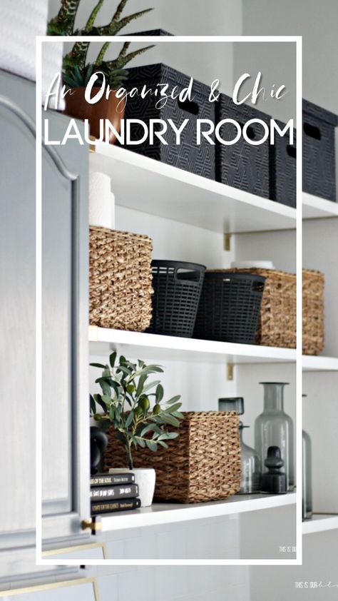 Baskets For Laundry Room Shelves, Styling Laundry Room Shelves, Laundry Room Open Shelf Organization, Black And Gold Laundry Room Ideas, Laundry Room Open Shelving Storage, Modern Farmhouse Utility Room, Open Shelf Laundry Room, Open Shelves Laundry Room, Laundry Shelf Organization