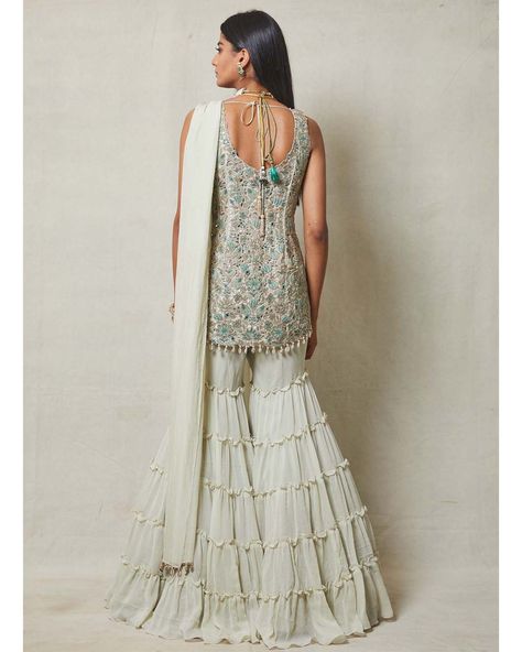 Mother of Pearl Chiffon Sharara | Arpita Mehta Indian Dresses Sharara, Sharara Bottom Designs, Unique Sharara Designs, Sleeveless Sharara Suits, Sharara Designs Simple, Gharara Outfits, Styling Dupatta, Palazzo Styling, Chiffon Sharara