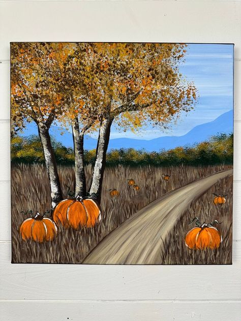 Pumpkin Patch Painting, Painting Techniques Canvas, Paint A Pumpkin, Easy Nature Paintings, Painting Pumpkin, Canvas Art Painting Acrylic, Aluminum Foil Art, Fall Canvas Painting, Variety Store