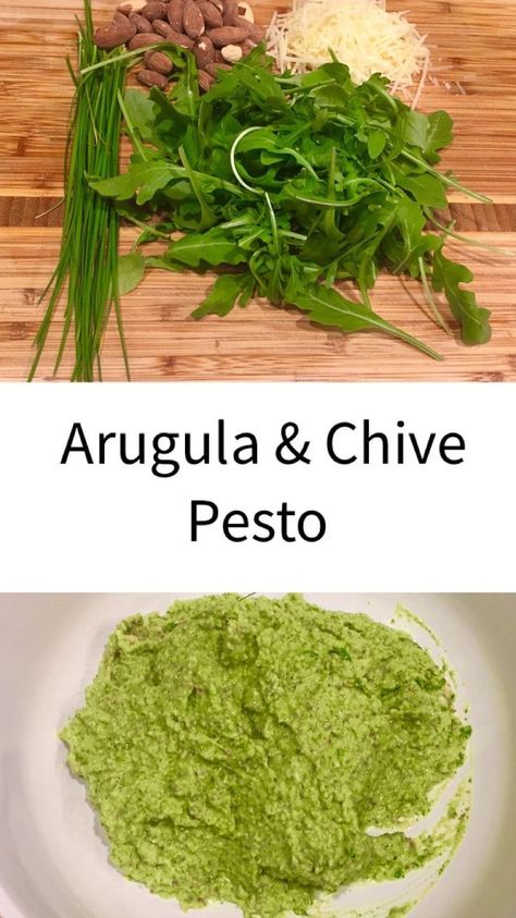 Arugula Chive Pesto Chive Pesto, Arugula Pesto, Pesto Recipe, Fresh Chives, Toasted Almonds, Cook At Home, Vegetarian Recipes Healthy, Healthy Vegetarian, Pine Nuts