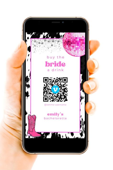 This editable bachelorette weekend venmo qr code template works for a let's go girls disco cowgirl bachelorette party theme. The digital bachelorette instagram story template is fully customizable and includes the venmo QR code plus a place for their venmo username.
\ bachelorette party	bachelorette weekend	instant download	editable template	hens party	digital template	buy the bride	bachelorette venmo	story template	venmo bachelorette	drink qr code	bachelorette qr code	venmo qr code Drink Instagram Story, Bachelorette Venmo, Drink Story, Space Cowgirl Bachelorette, Buy The Bride A Drink, Disco Cowgirl Bachelorette, Bachelorette Cocktails, Pink Disco Ball, Cosmic Cowgirl