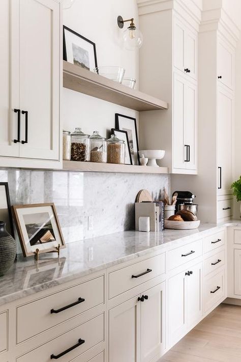 Benjamin Moore Cotton Balls, Ivory Kitchen Cabinets, Off White Kitchen, Off White Kitchen Cabinets, Off White Cabinets, Transitional Kitchens, Light Gray Cabinets, Off White Kitchens, Oak Floating Shelves