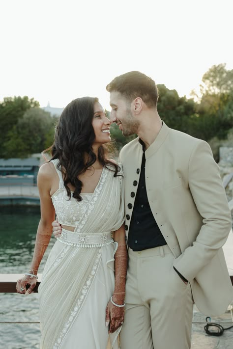 An Intimate European Wedding With Sustainable Choices: Raina & Darshan Indian Civil Wedding, Indian And White Wedding, Black Tie Indian Wedding, Indian Fusion Wedding Dress, Minimalist Indian Bride, Indian Wedding Dress White, Indian White Wedding, Modern Indian Wedding Dress, Indian Elopement