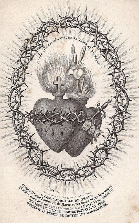 Glory to the Sacred Hearts of Jesus and Mary  A 19th century Parisian print of the Sacred Hearts of Jesus and Mary surrounded by a crown of thorns. Sacred Heart Art, Sacred Heart Tattoos, Vintage Holy Cards, Jesus Tattoo, Catholic Images, Religious Images, Biblical Art, Crown Of Thorns, Heart Of Jesus