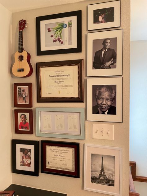 Gallery Wall With Diplomas, Degree Gallery Wall, Certificate Wall Display Ideas Office, Diploma Wall, Memorabilia Wall, Science Sans, Bathroom 2024, Ny Apartment, Home Office Wall Art