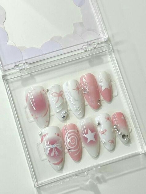 Kawaii Y2k Nails, Twin Stars Nails, Blue Xiaohongshu Nails, Korea Nail Art, Pink Acrylic Nails Coffin Kawaii, Korea Nail, Press On Nails Gyaru, Tape Nail Art, Korean Nail Art