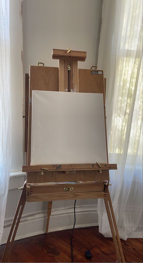 Easel In Bedroom, Painting Easel Aesthetic, Blank Canvas Aesthetic, Bedroom Inspo Simple, White Aesthetic Simple, Easel Aesthetic, Rebecca Jenshak, Sheer Curtains Bedroom, Painting Easel