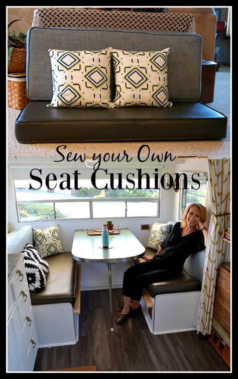 Upholstering your own seat cushions is a daunting task, even for a sewing pro. Read on for tips and tricks on how to tackle it, including how to make perfect piping and work with vinyl without it sticking to the machine. Happy sewing! #tinyhome #tinyhouseonwheels #vintagetrailer #happycamper Camping Diy, Trailer Decor, Retro Caravan, Travel Trailer Remodel, Tent Trailer, Living Vintage, Camper Makeover, Camper Living, Camper Renovation