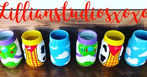 Toy Story Mason Jars Diy, Toy Story Mason Jars, Toy Story Centerpieces, Boy Baby Shower Games, Toy Story Theme, 4th July Crafts, Story Birthday, Toy Story Birthday Party, August Birthday