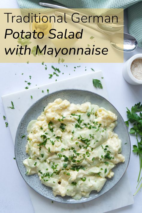 German Potato Salad with Mayonnaise Bavarian Potato Salad, Salad With Mayonnaise, Frankfurt Sausage, Oil Vinegar Dressing, Christmas Potatoes, Christmas Salad Recipes, German Potato, Christmas Salads, German Potatoes