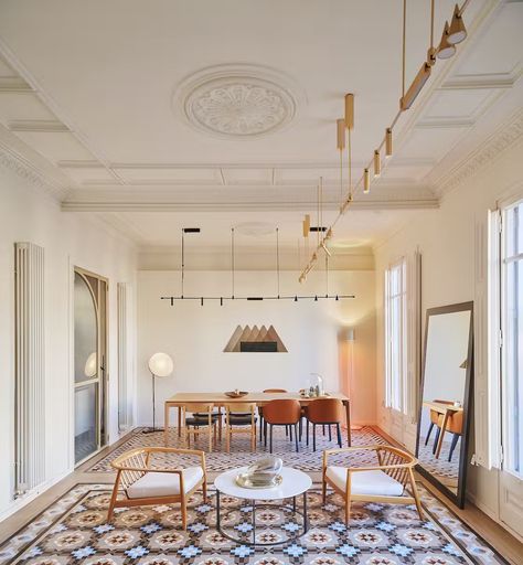 Photo 1 of 37 in Drop-Dead Tile Sets the Tone in This Elegant Barcelona Renovation - Dwell Vitra Chair, Grand Kitchen, Elegant Doors, Barcelona Apartment, Penthouse Apartment, Big Bathrooms, En Suite Bathroom, Custom Door, Floor Patterns