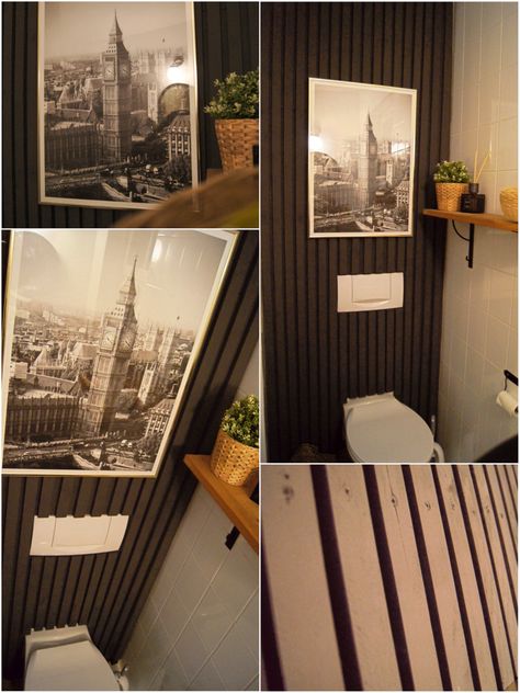 Bathroom Slat Wall Ideas, Slat Wall Behind Toilet, Wood Slat Accent Wall Bathroom, Wood Slat Wall Bathroom, Slat Wall Bathroom, Behind Toilet Accent Wall, Half Bathroom Ideas Modern, Accent Wall In Bathroom, Modern Half Bathroom Ideas