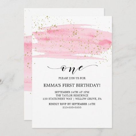 $2.51 | Watercolor Pink Blush & Gold Sparkle 1st Birthday #firstbirthdayparty #blushandgold1stbirthday #watercolorpinkgirlsfirstbirthday #pinkandgoldkidsbirthday #pinkblushbabybirthday #goldsparkle1stbday #modernglitterk010 #luxuriousoneyearoldbirthday #elegantcalligraphyscriptgirlbirthday #romanticandsweet Floral First Birthday, 92nd Birthday, Birthday Cheers, 1st Birthday Invitation, Bridal Tea, Blush Gold, First Birthday Gifts, Pink Invitations, Birthday Invitations Girl