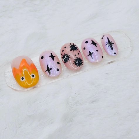 On a roll with the anime nails. Checkout my Etsy store https://blingitonnails.etsy.com #calcifer#howlsmovingcastle #anime #animeart #animenails #cosplay #nails #smallbusiness #nailsdesign #nailartist #womenowned #Etsy #popupshop #oc #gelnails #nailart #fashion #beauty #BlingItOnNails Howls Moving Castle Nail Art, Calcifer Nails, Cosplay Nails, Howls Moving Castle Nails, Nail Aesthetic, Anime Nails, Nails For Kids, Howls Moving Castle, Pop Up Shop