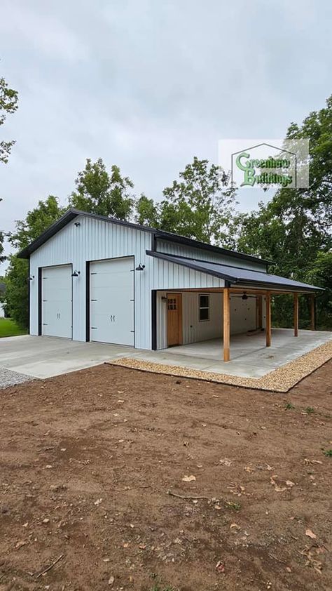 Garage Shop Plans Layout, Shop With Porch, Barndominium Garage Ideas, Pole Barn Colors, Garage Building Ideas, Barn Garage Ideas, Motocross Shop, Pole Building Garage, Barn Organization