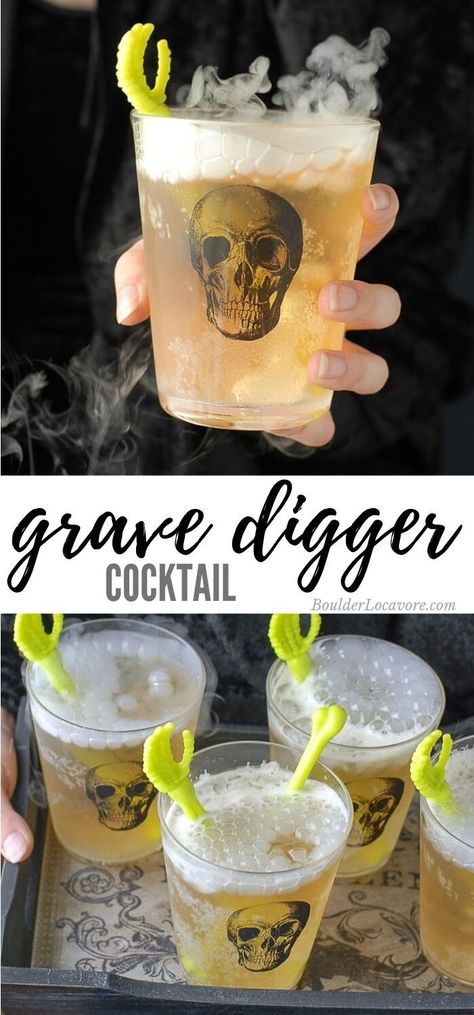 This spooky cocktail recipe is full of flavors of apple, ginger, some fizzy and of course liquor! A perfect Halloween cocktail recipe as well as the rest of the year! #cocktail #easyrecipe #halloween Easy Halloween Cocktails, Halloween Alcohol, Cocktail Halloween, Halloween Shots, Halloween Party Drinks, Halloween Cocktail, Grave Digger, Goth Halloween, Halloween Appetizers