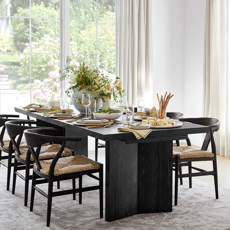 Knife Edge Extendable Dining Table | Williams Sonoma Black Dining Table With Chairs, Dark Wood Dining Table With Black Chairs, Dining Room Table For 10, Dining Room Inspiration Black Table, Dining Chairs With Black Table, Transitional Dining Table And Chairs, Large Black Dining Table, Dining Room With Wood Table, Black Wooden Dining Table