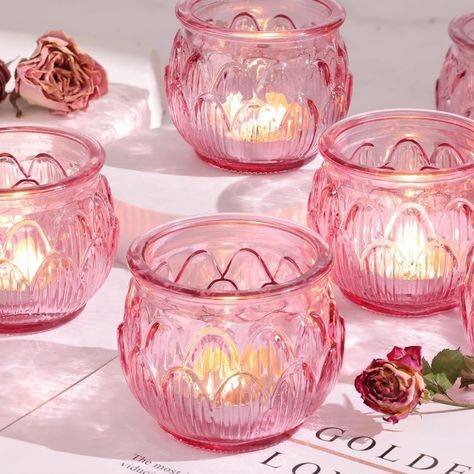 Gorgeous Pink Glass Votive And Tea Light Candle Holders Lotus Flower Design Perfect For Home Decor Or Events Like Weddings, Bridal Showers, Baby Showers, Birthdays, Anniversary And Dinner Parties Makes For Beautiful Centerpieces Set Of 12 New In Box *Please Don't Hesitate To Reach Out With Any Questions Or To Request More Photos *Comes From A Smoke Free And Pet Free Home *All Reasonable Offers Are Welcome *All Items Are Cross Listed Table Centerpieces Wedding Candles, Gold Votive Candle Holders, Party Decorations Pink, Centerpiece Birthday, Gold Votive Candles, Baby Shower Tea Party, Candle Table Centerpieces, Glass Tealight Candle Holders, Lotus Flower Design