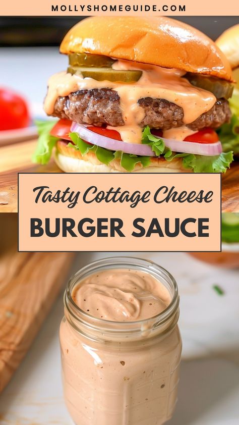 Indulge in the ultimate summer treat with our mouthwatering cottage cheese burger sauce recipe. This creamy and flavorful sauce is the perfect addition to your BBQ spread, adding a delicious twist to your classic burgers. Made with simple ingredients, this homemade sauce will elevate your grilling game and impress your friends and family.   Ingredients 1 cup cottage cheese 1/4 cup light mayo 1/4 cup sugar-free ketchup 1/4 cup plain greek yogurt 1/4 cup milk of choice 1/4 cup dill pickles, finely Greek Yogurt Burger Sauce, Burger Sauce Healthy, Cottage Cheese Mayo, Cottage Cheese Sauce Recipes, Cheese Burger Sauce, Cottage Cheese Sauce, Bbq Spread, Burger Sauce Recipe, Low Calorie Pancakes