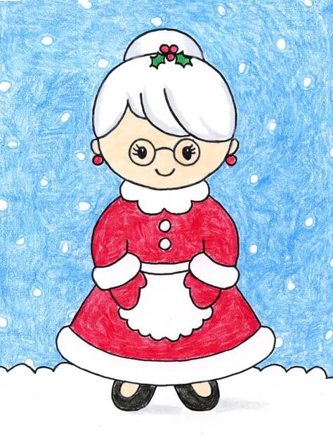 Easy How to Draw Mrs. Claus Tutorial & Mrs. Claus Coloring Page How To Draw Mrs Claus, Mr And Mrs Santa Claus Paintings, Mr And Mrs Claus Drawing, Mrs Santa Claus Drawing, How To Draw Santa Claus, Mrs Claus Coloring Pages, Mrs Claus Illustration, Mrs Claus Drawing, Easy Santa Drawing