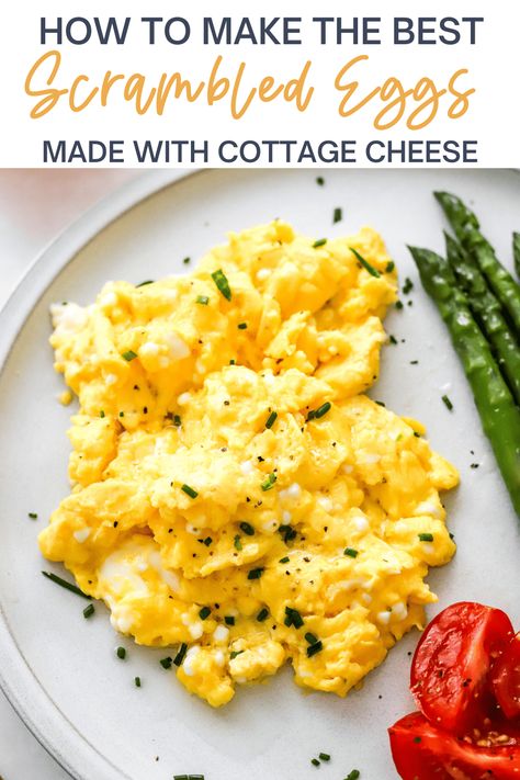 Add some cottage cheese to your scrambled eggs for a surprisingly delicious and flavorful protein-packed breakfast you are going to love. These cottage cheese eggs are the perfect quick breakfast to fuel you through your morning. 28 grams of protein per serving! Scrambled Eggs With Cottage Cheese, Eggs With Cottage Cheese, Cottage Cheese Scrambled Eggs, Cottage Cheese Recipes Breakfast, The Best Scrambled Eggs, Cheese Scrambled Eggs, Cottage Cheese Recipes Healthy, Best Scrambled Eggs, Cottage Cheese Breakfast