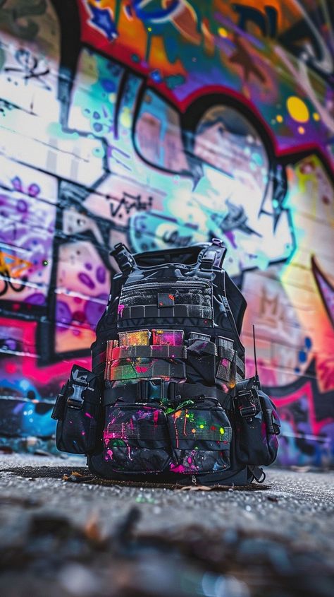 Urban Backpack Display: A #rugged #tactical #backpack stands out against a #vibrant #graffiti wall on an #urban #street. #aiart #aiphoto #stockcake ⬇️ Download and 📝 Prompt 👉 https://stockcake.com/i/urban-backpack-display_535566_1117541 Backpack Display, Street Style Backpack, Graffiti Backpack, Comic Book Display, Backpack Diy, Dark Mountains, Urban Backpack, Urban Cycling, Urban Music