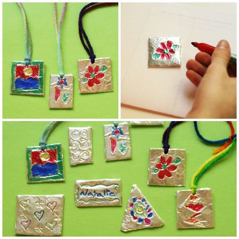 Here’s a craft project for the big kids – creating shiny, embossed foil pendants with a few simple materials. Making these requires a gentle touch, but they are simple and addicting to make. My girls and I made piles of... Continue Reading → Girl Scout Swap, Folding Origami, Girl Scout Crafts, Girl Scout Ideas, Scouts Crafts, Vbs Crafts, Tin Foil, Foil Art, Family Crafts