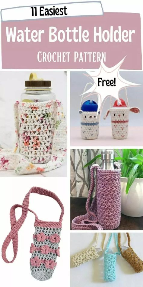 Always feel like you forget your drink bottle places, or hate how scratched it gets with daily use? Never fear, you will love today’s post on water bottle holder patterns! These are super handy for carrying as well as protecting your favourite drink bottle, and they look stylish too. Crochet Water Bottle Holder With Pocket, Crochet Water Bottle Holder Pattern Free, Easiest Crochet, Crochet Water Bottle, Crochet Water Bottle Holder, Bella Coco, Bead Bottle, Handbags Patterns, Crochet Phone Cases