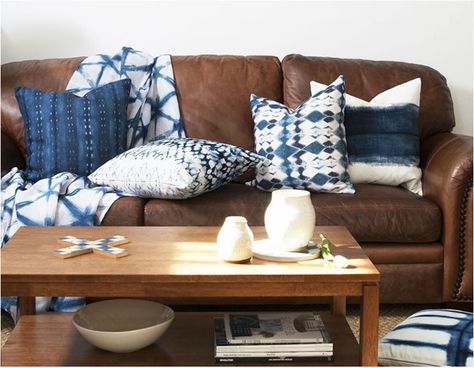 Textile Spotlight: Shibori | Centsational Girl Brown And Blue Living Room, Brown Sofa Living Room, Shibori Pillows, Brown Couch Living Room, Brown Leather Couch, Leather Sofa Living Room, Brown Couch, Brown Leather Sofa, Decorating Diy