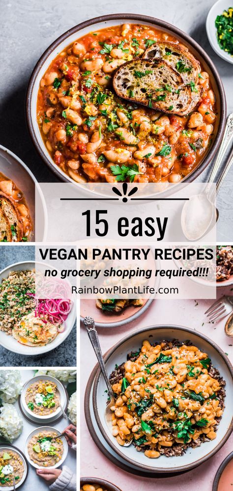 15 easy vegan recipes to make with ingredients you have at home! They are more than just plain beans, rice and pasta. Enjoy these fun vegan meal recipes that are packed with flavor! Rainbow Plant Life, Clean Dinners, Pantry Recipes, Vegan Pantry, Easy Vegan Recipes, Easy Vegan Dinner, Clean Eating Dinner, Vegan Main Dishes, Recipes Pasta